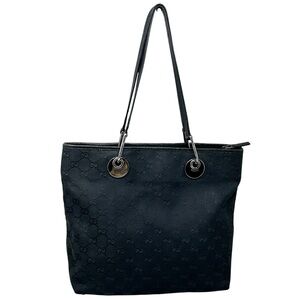 Vintage Gucci Shoulder Tote Bag Purse Silver Hardware Black GG Canvas Leather